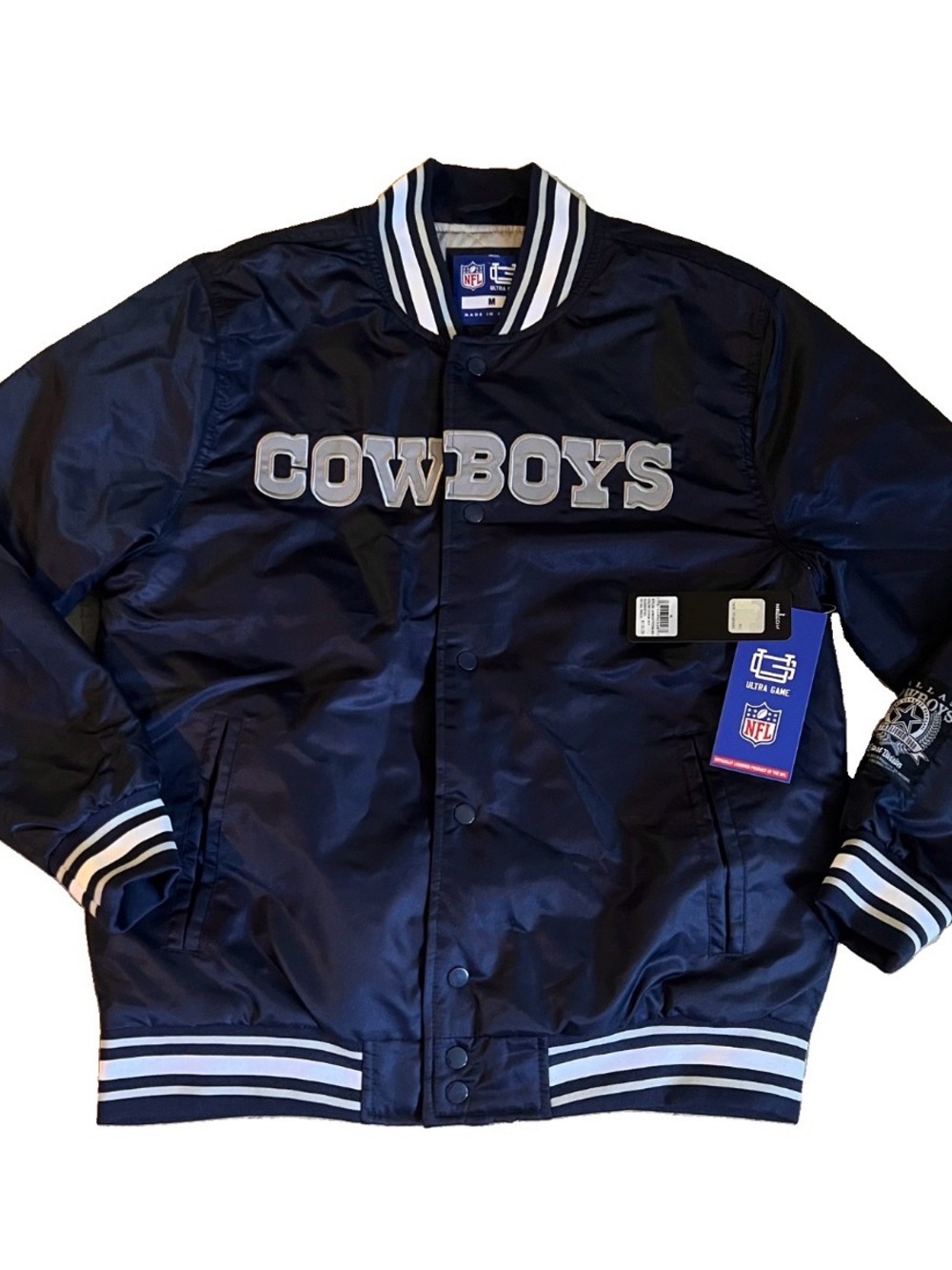 NFL Cowboys Navy and White Satin Varsity Jacket